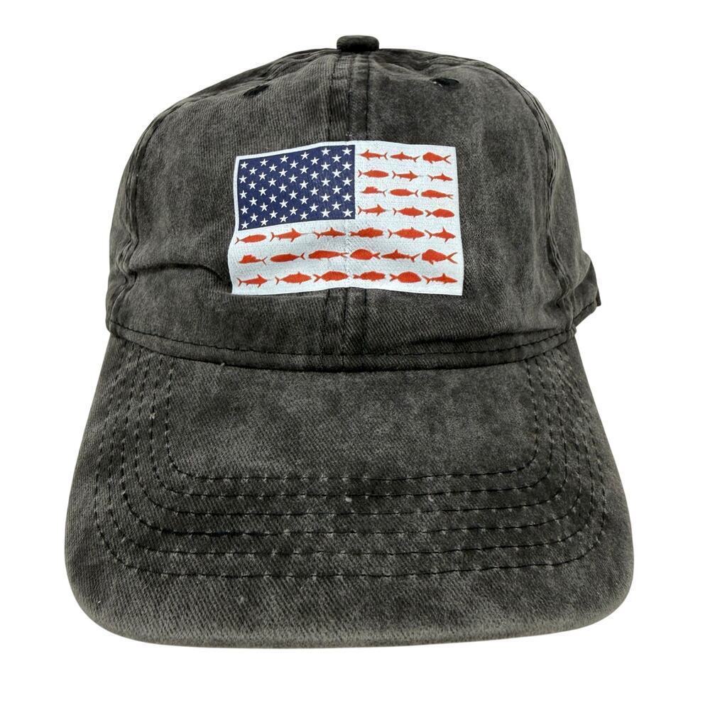 Gray Dad Hat Baseball Cap Fish American Flag Print Adjustable Strap NWOT
